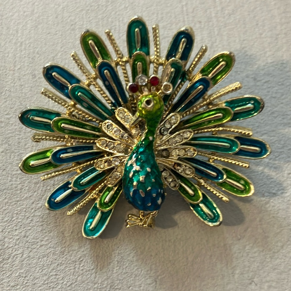 Vintage signed Coro peacock pin cloisonné and rhinestones gold tone pin brooch